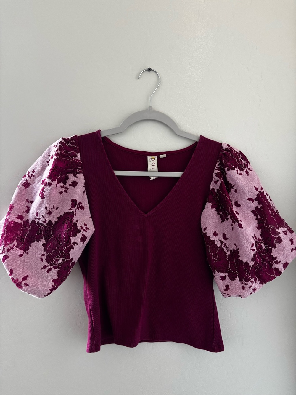dolan Plum V-Neck Top with Pink Floral Puff Sleeves